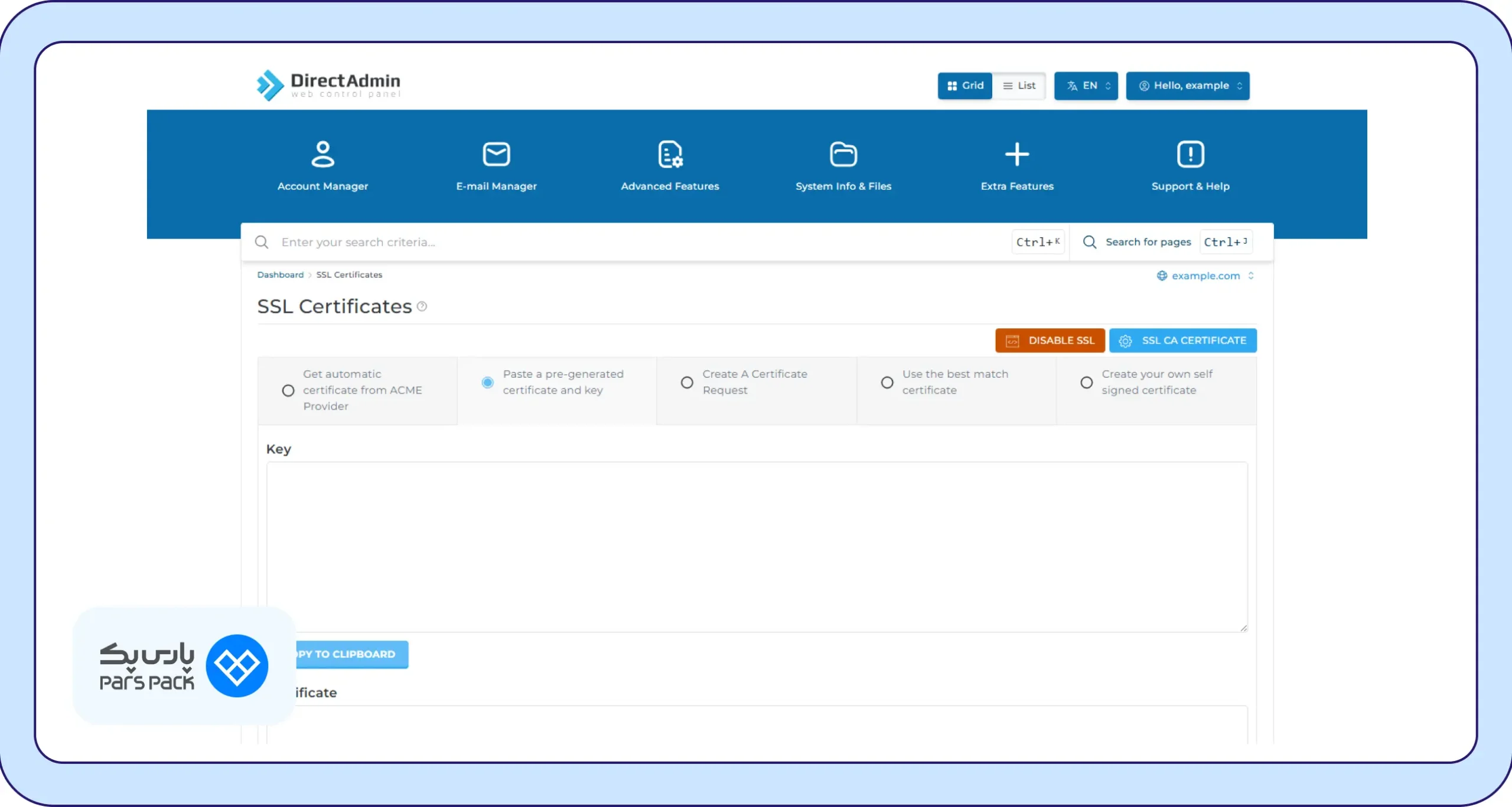 گزینه Paste a pre-generated certificate and key گزینه Paste a pre-generated certificate and key