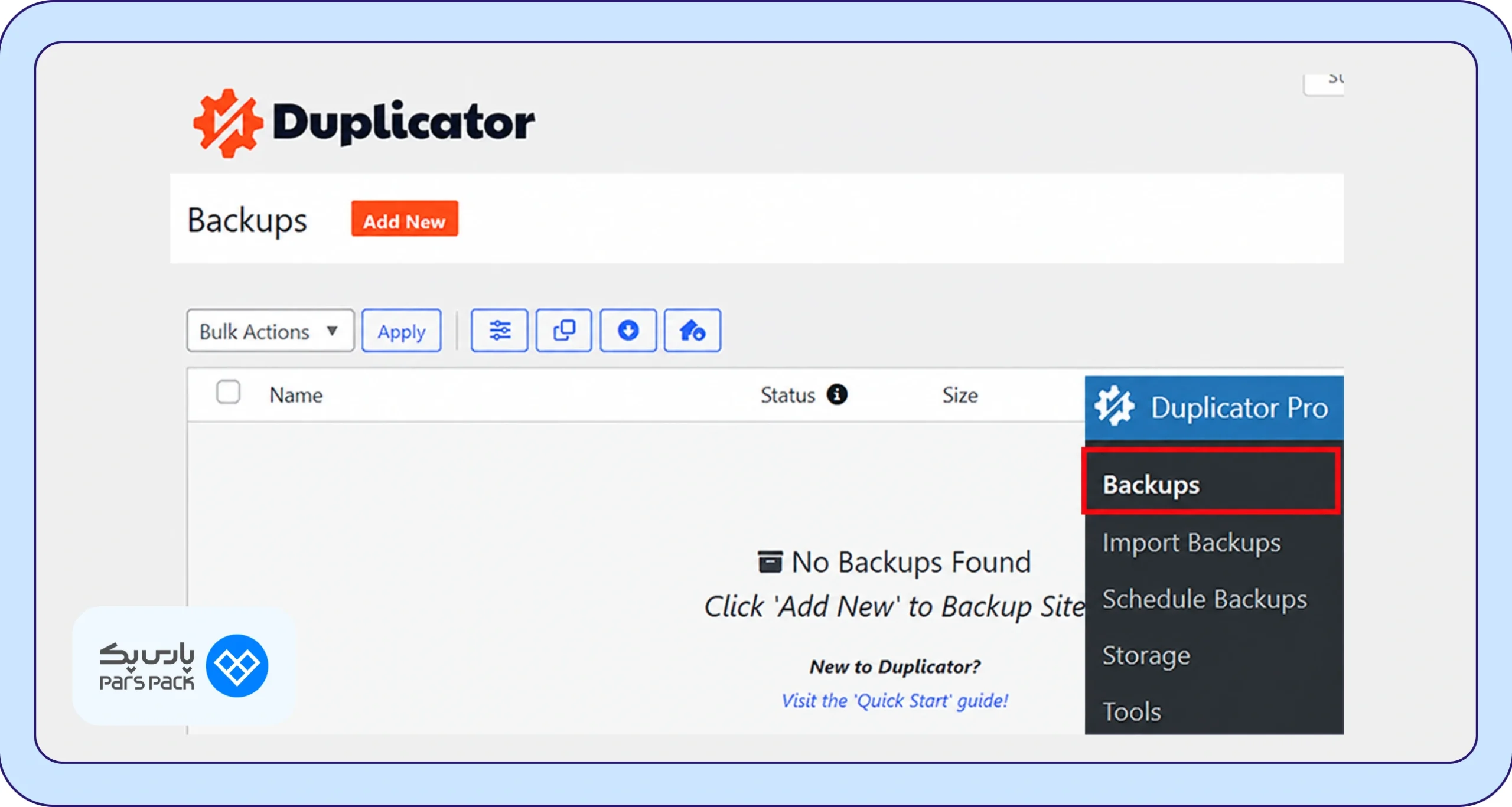 پیشخوان Duplicator در بخش Backups منوی پیشخوان Duplicator و بخش Backups