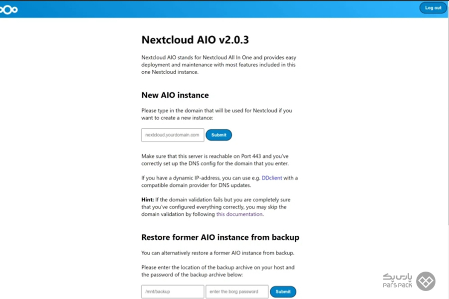 داشبورد Nextcloud AIO