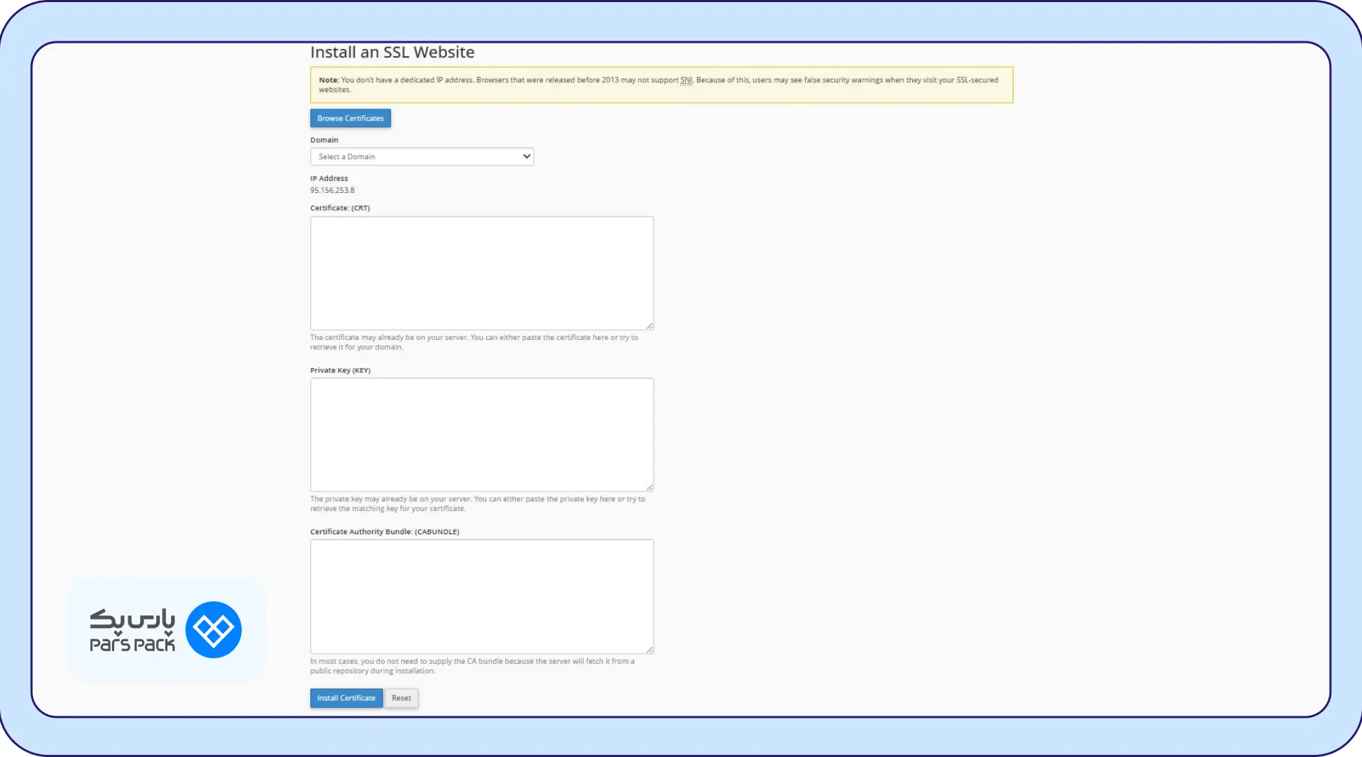 منوی کشویی Domain از بخش Install an SSL Website