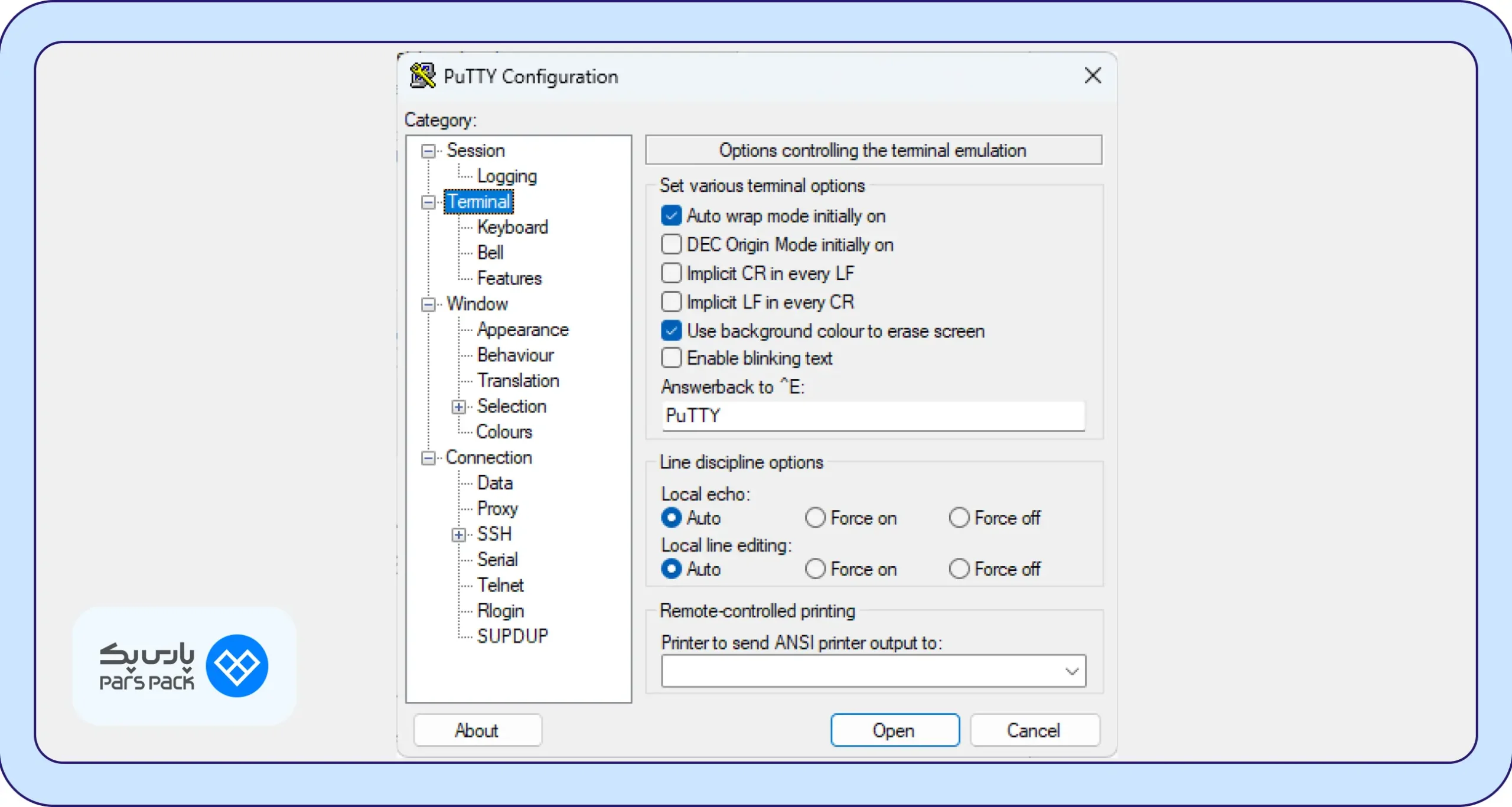 تب Terminal در بخش تنظیمات Putty
