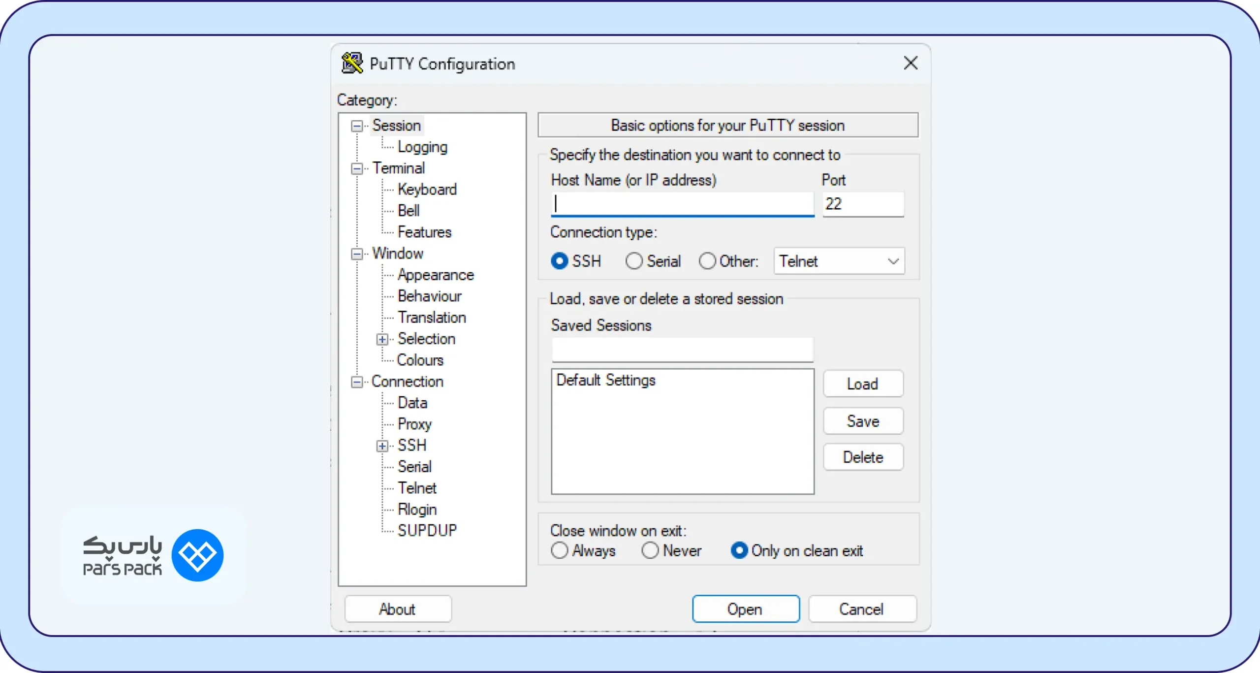 تب Session در بخش تنظیمات Putty
