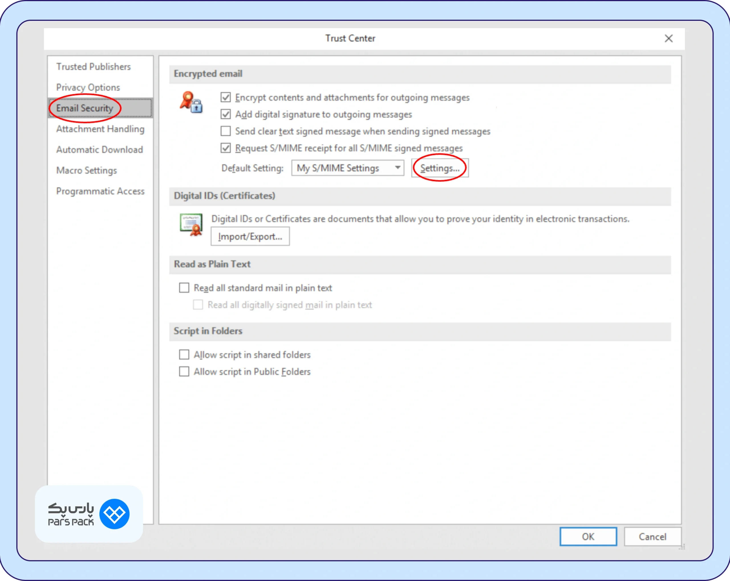 Settings در بخش Encrypted Email