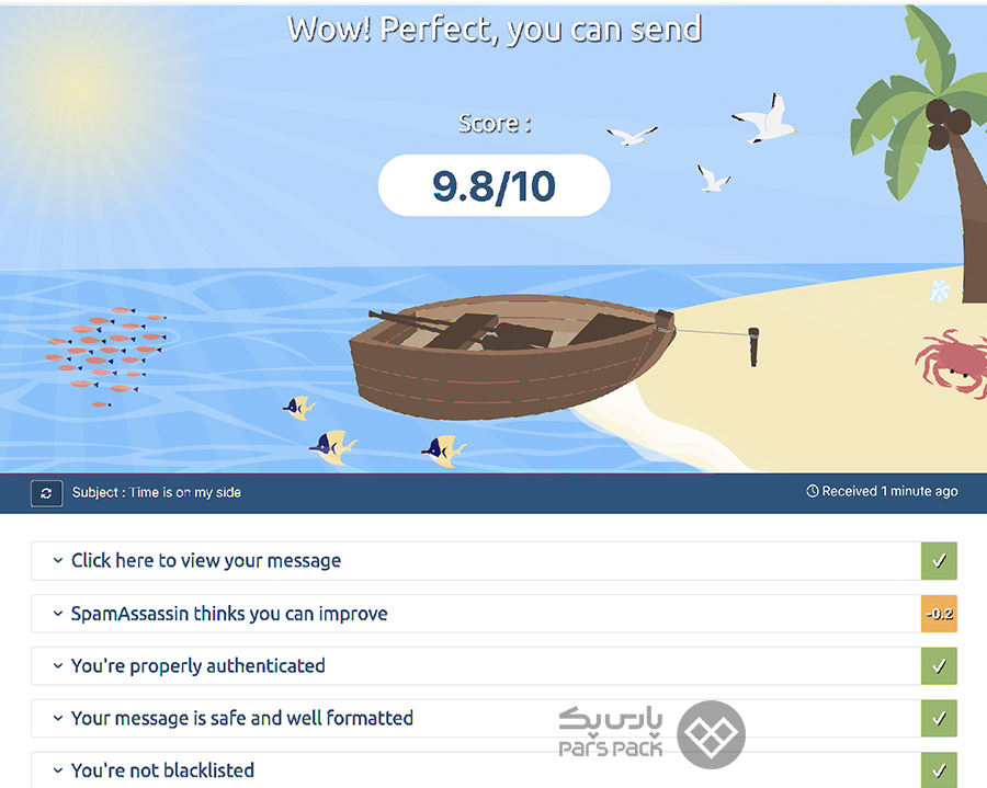 به صفحه اصلی برگردید و روی دکمه See Results کلیک کنید تست سلامتی ایمیل سرور