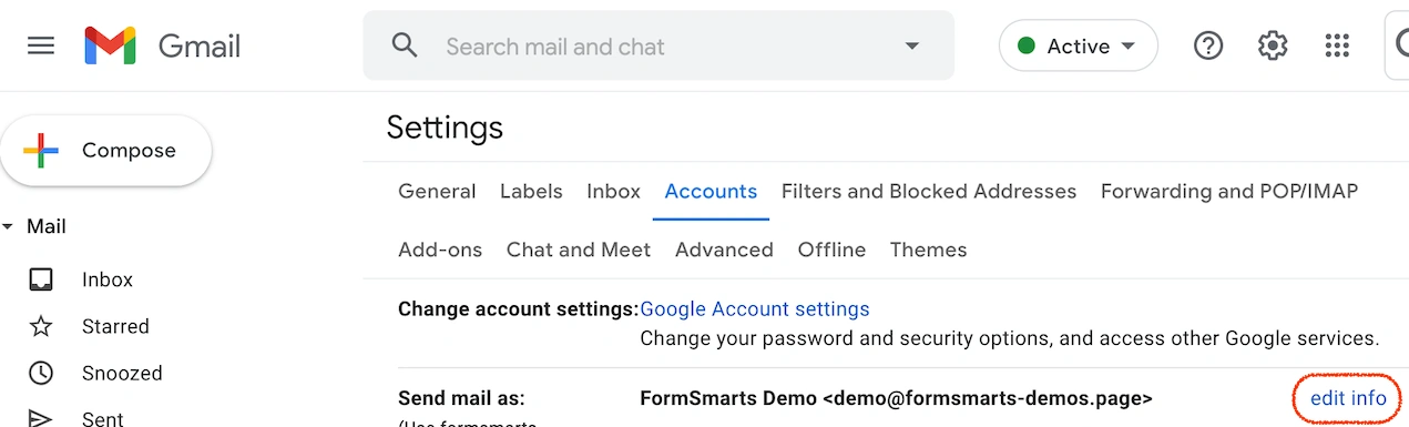تب Accounts و بخش Send mail as