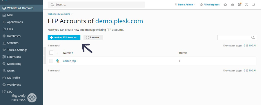 ایجاد اکانت FTP در Plesk