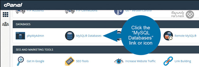 انتخاب گزینه MYSQL Database در هاست سی پنل