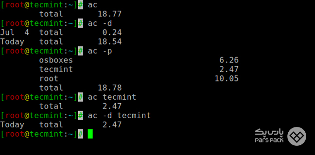 نمایش خروجی دستورهای  psacct و acct در ترمینال لینوکس