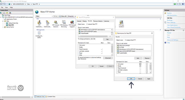 پیکربندی تنظیمات دسترسی برای پوشه NewFTP در ویندوز سرور