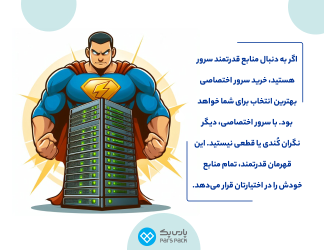 اینفوگرافیک مرد سوپرمن پشت یک سرور که قدرت سرور اختصاصی را به تصویر می‌کشد