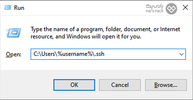صفحه جستجوی عبارت C:Users%username%.ssh در پنجره RUN ویندوز