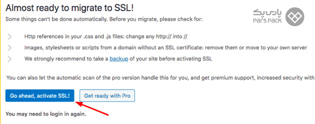 انتخاب گزینه Go Ahead, activate SSL در تنظیمات افزونه Really Simple SSL وردپرس