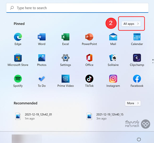انتخاب گزینه All apps در منوی استارت ویندوز ۱۱ 
