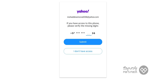 ورود شماره تلفن و کلیک روی گزینه Submit و دسترسی به پسورد ایمیل پس از ارسال کد
