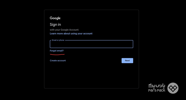 کلیک روی گزینه گزینه Forgot email برای بازیابی جیمیل