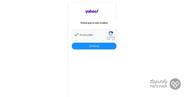 انتخاب تیک گزینه I'm Not a Robot و کلیک روی Continue در صفحه بازیابی ایمیل یاهو