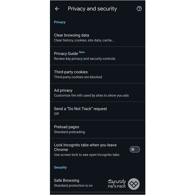 انتخاب گزینه Privacy and security در مرورگر کروم