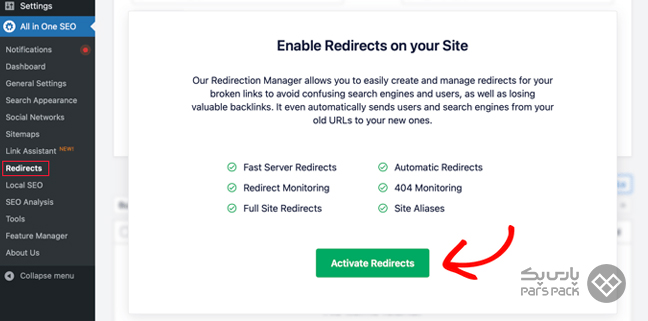 انتخاب گزینه Activate Redirects در تنظیمات افزونه AIOSEO 