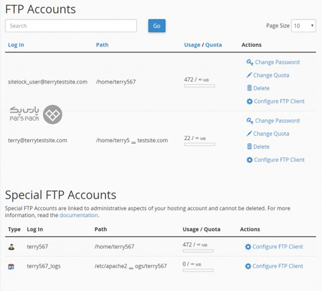 مشاهده تنظیمات حساب FTP در سی پنل