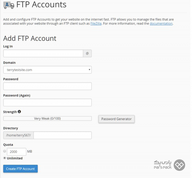 انتخاب یا ساخت اکانت FTP در کنترل پنل سی پنل