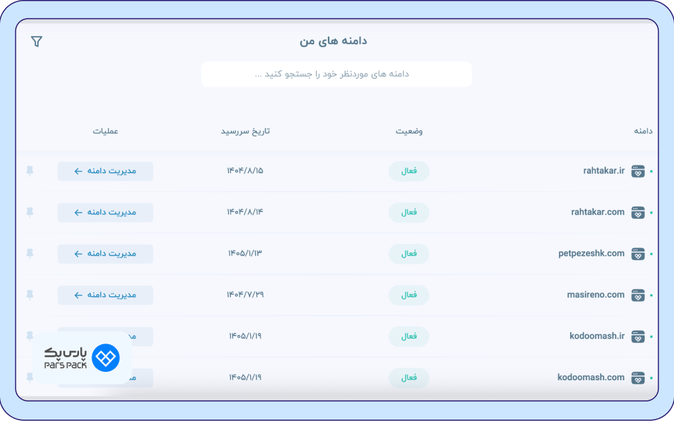 مدیریت دامنه در پنل کاربری پارسپک مدیریت دامنه در پنل کاربری