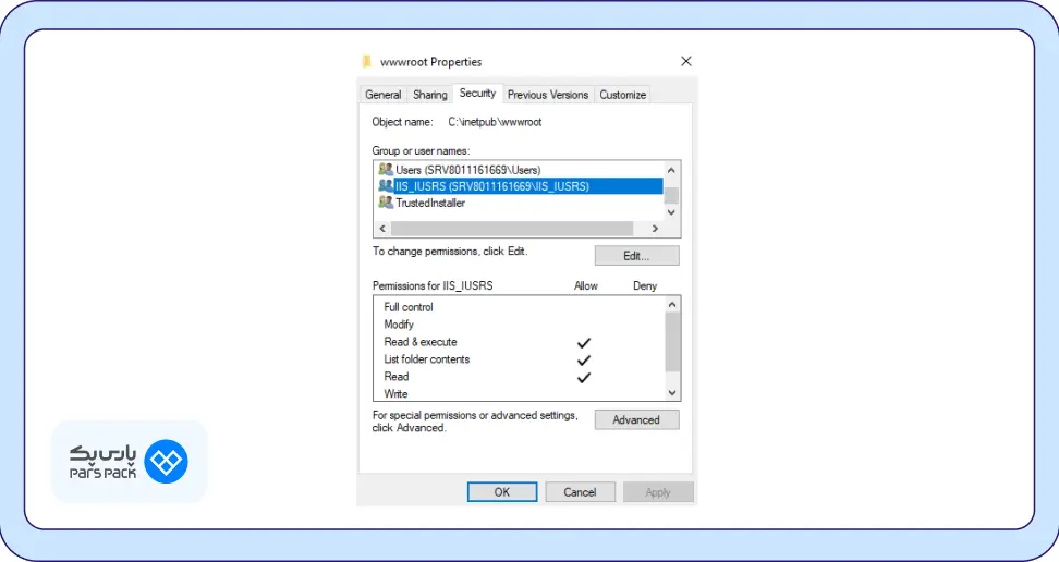 تنظیمات دسترسی و مجوزها برای نصب پی اچ پی روی ویندوز سرور