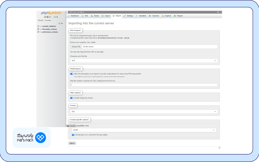 Import کردن برای بازگردانی بکآپهای database بازگردانی بکآپ دیتابیس در phpmyadmin