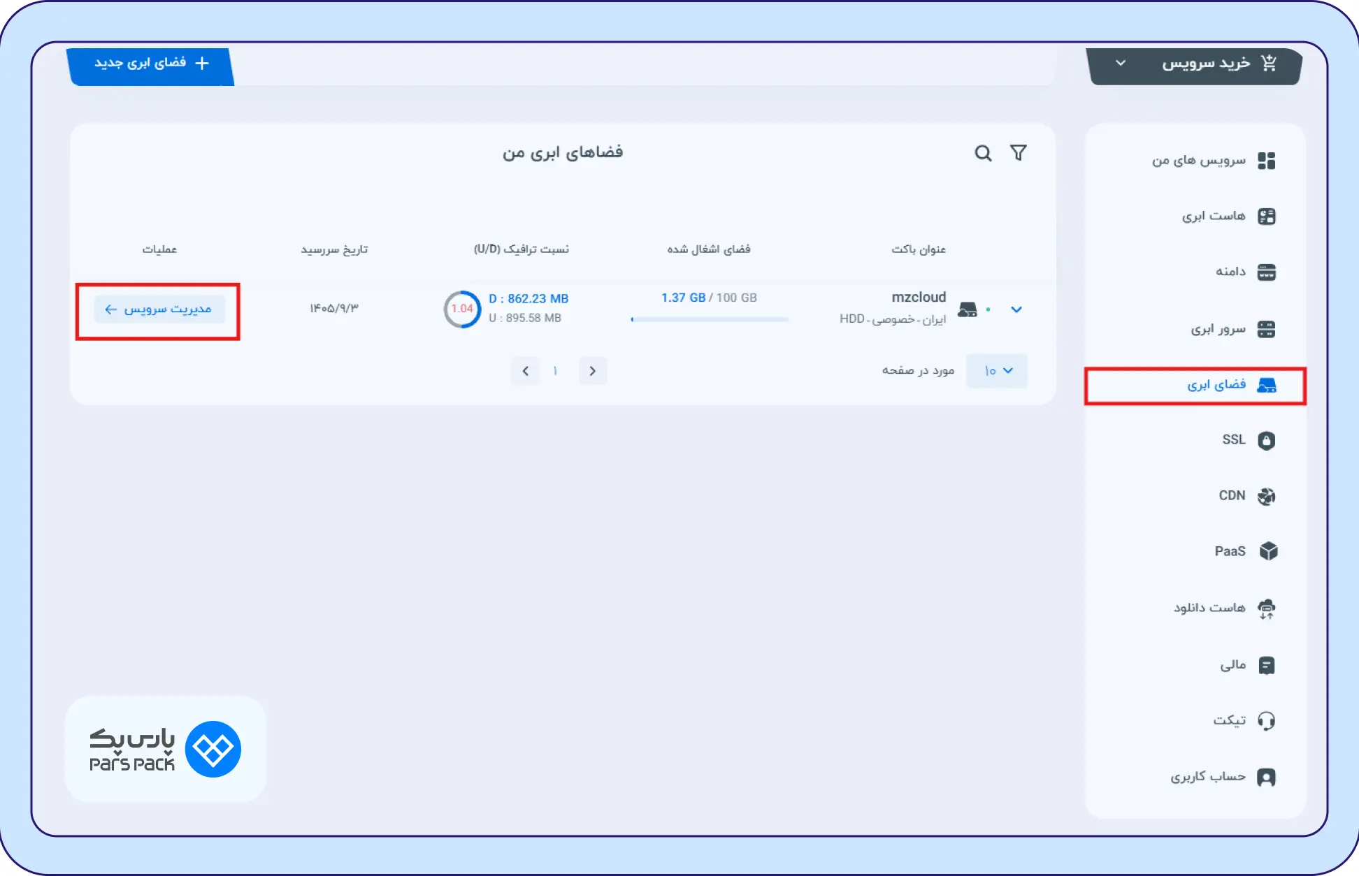 بخش مدیریت سرویس فضای ابری در پنل کاربری پارس‌پک