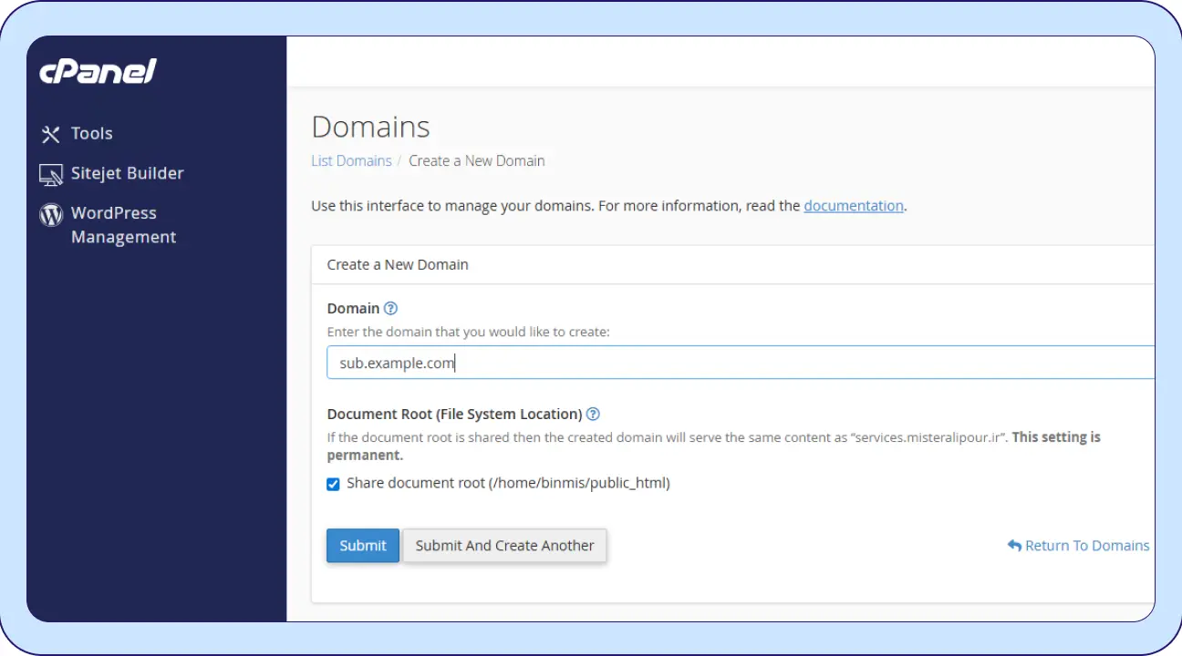 Create a New Domain در Cpanel انتخاب گزینه Create a New Domain در سیپنل