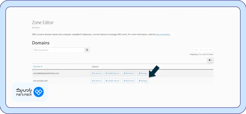 گزینه Manage روی Manage بزنید تا وارد صفحه مدیریت رکوردهای DNS شوید