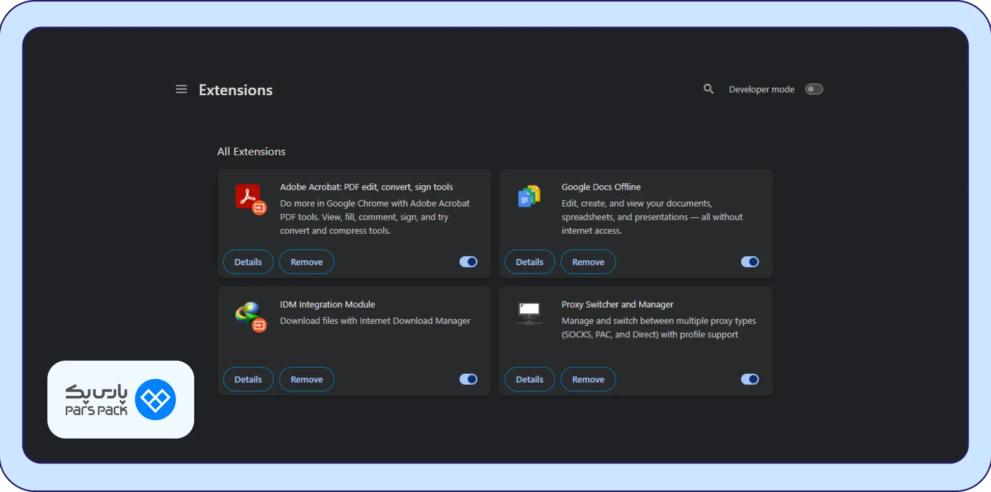 تایپ chrome://extensions/ در نوار آدرس کروم عبارت chrome://extensions/ را تایپ کنید