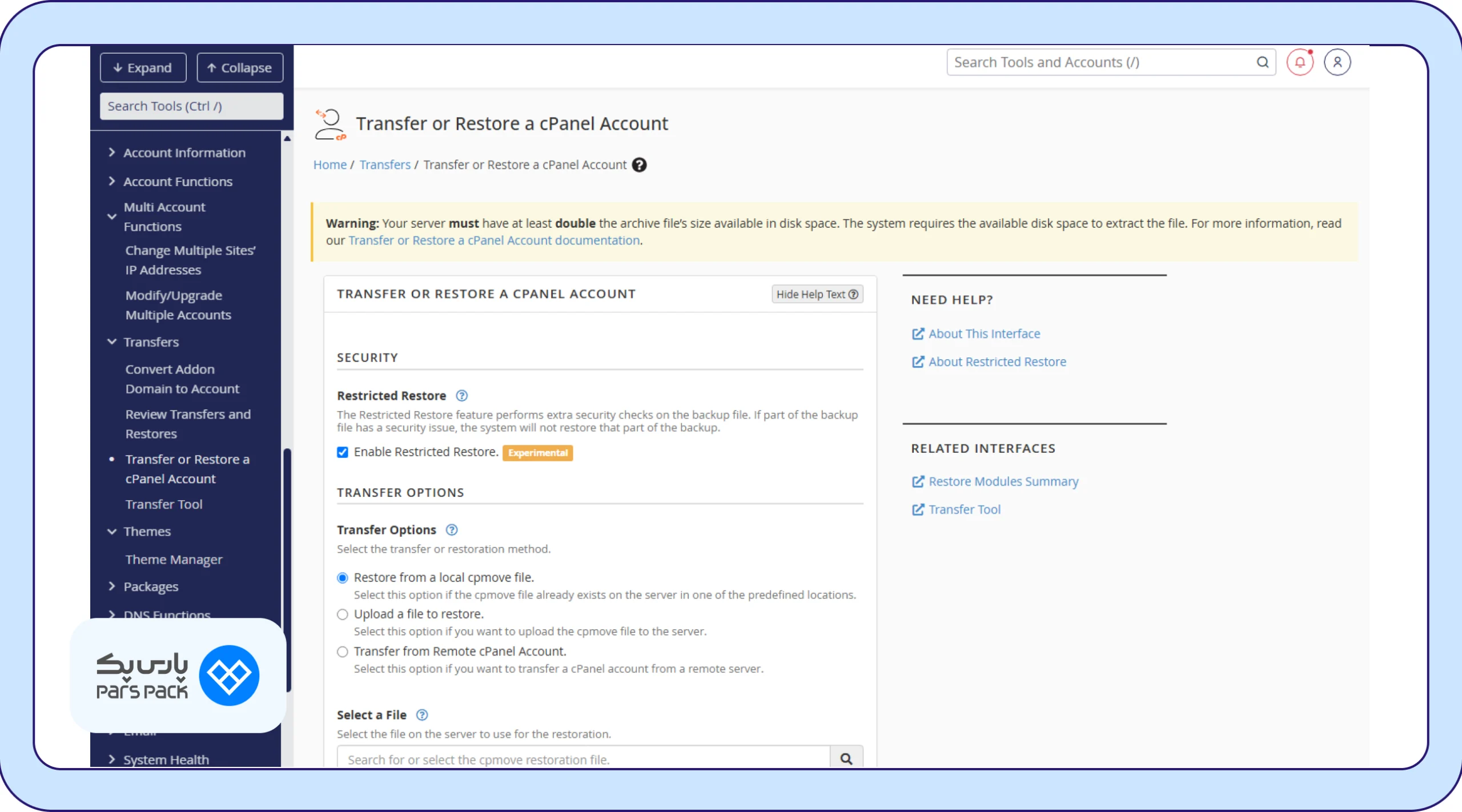 بخش Transfer or Restore a cPanel Account بخش Transfer or Restore a cPanel Account