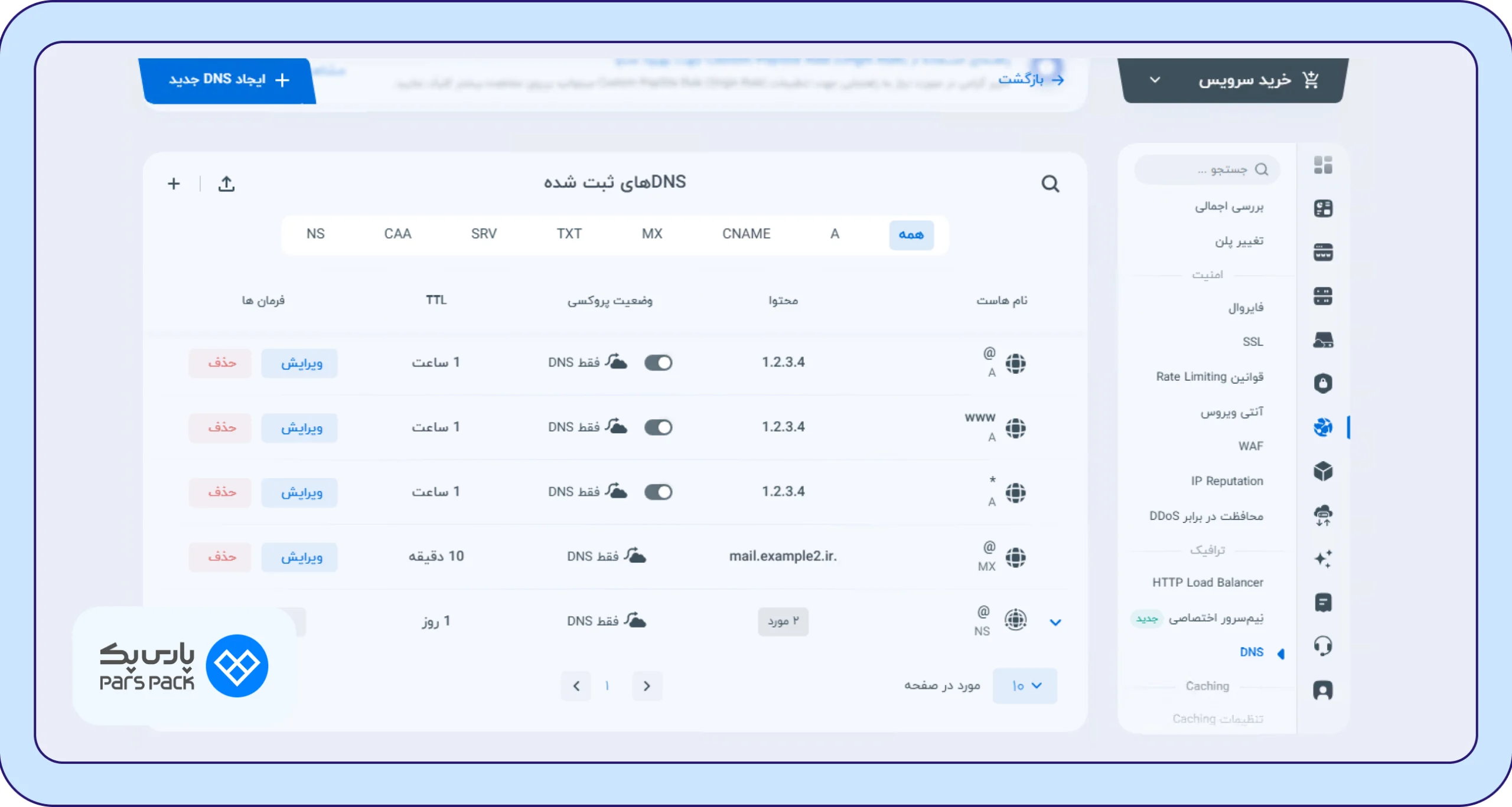 روش ایجاد DNS جدید در پنل پارس‌پک