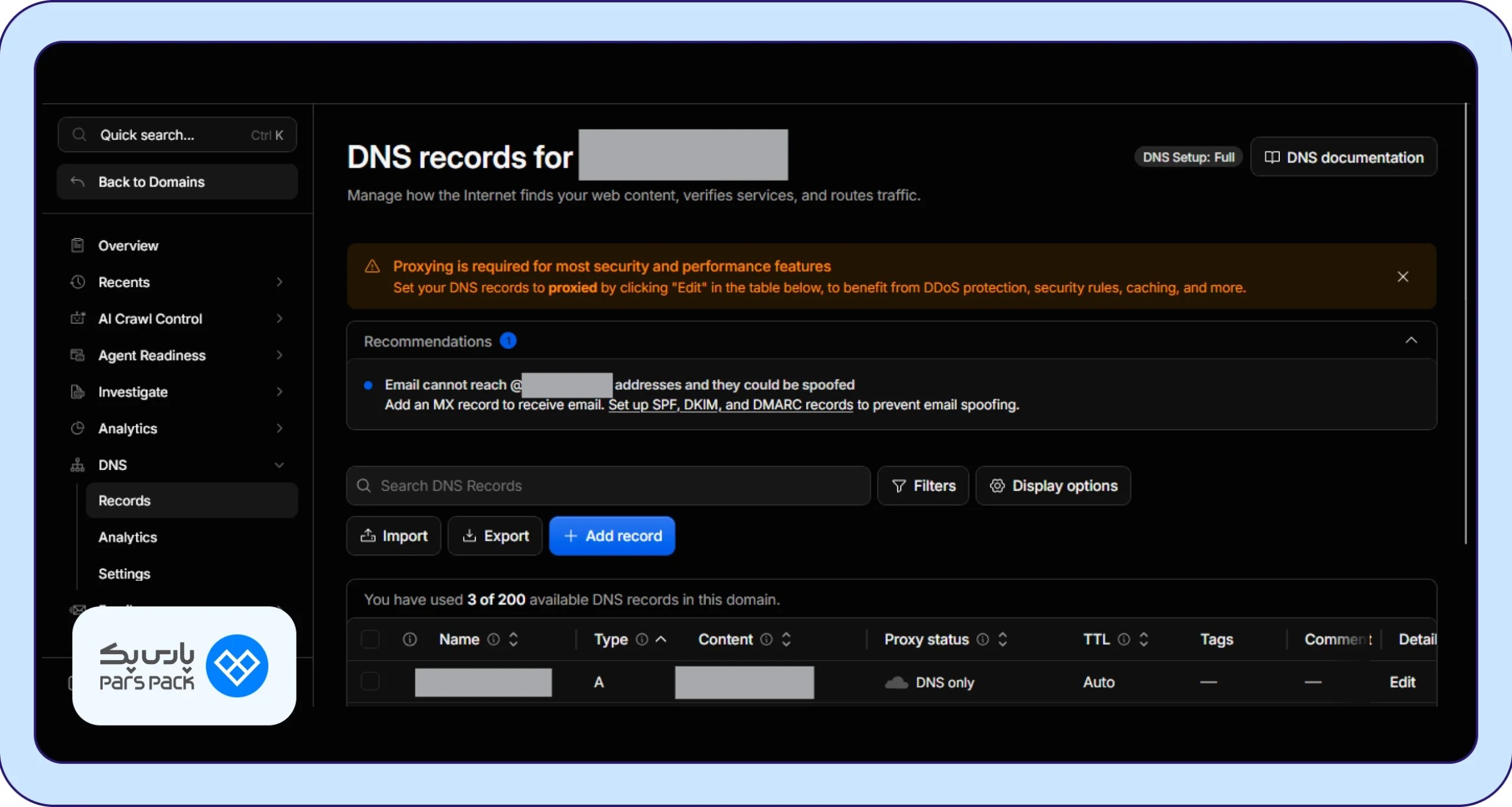 گزینه Add record در داشبورد Cloudflare 